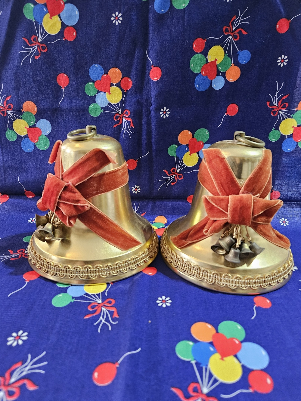 Brass Decorative Holiday Bells with Red Velvet Bows